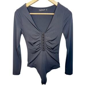 Abercrombie & Fitch Soft AF Black V-Neck Ruched Long Sleeve Bodysuit Womens Sz S